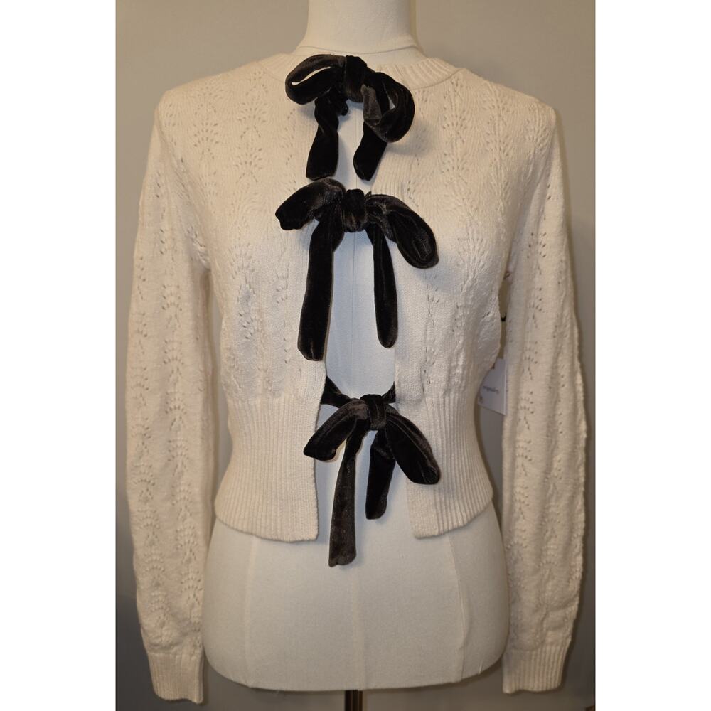 NWT S Women's Open Front Brown Velvet Tie Ivory Sweater Cardigan MSRP $52 - Picture 2 of 9